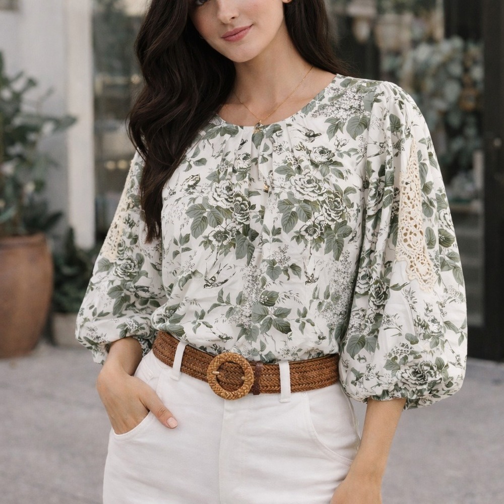 Umgee Floral Toile Puff Sleeve Sage Green Crochet Top Botanical Cottagecore M